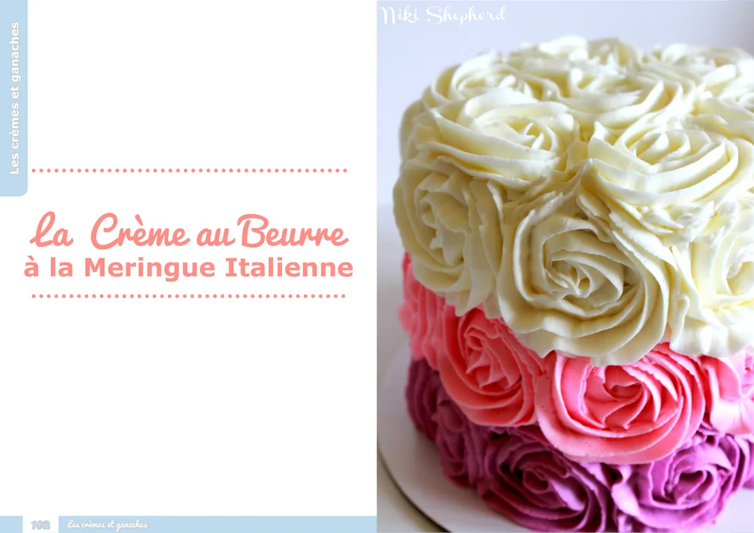 Aperçu d'une page de l'ebook : un gâteau de cake design recouvert de rosettes de crème au beurre